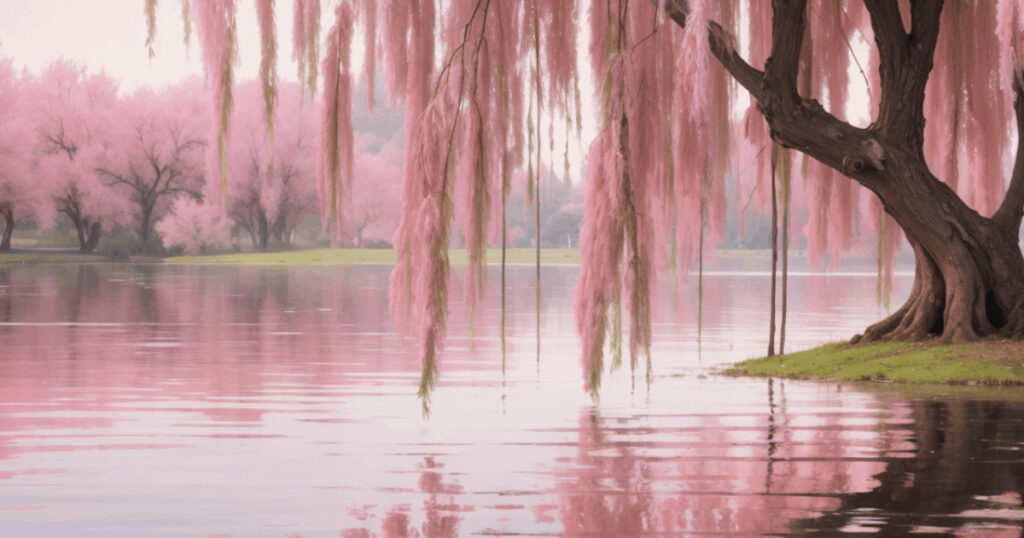 A branch of a weeping willow hangs down over a pond.