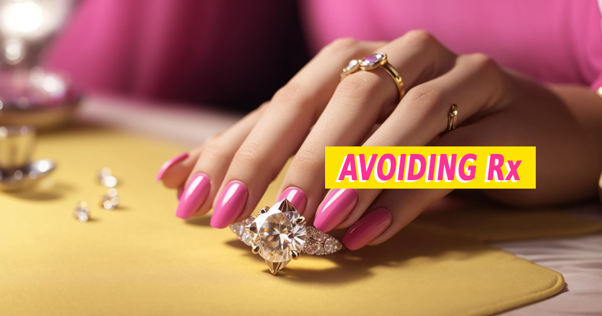 A woman's six-fingered hand sports pink fingernails and jeweled rings.