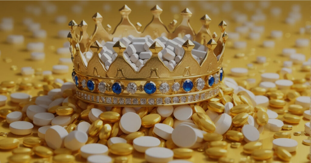 A gold jeweled crown rests on a pile of vitamin pills.