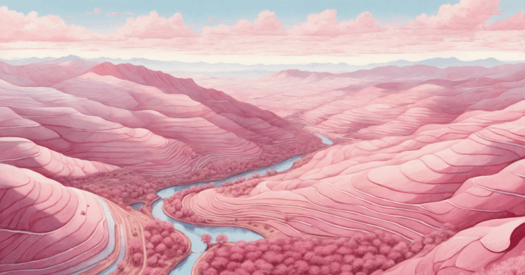 A river winds through pink mountains.