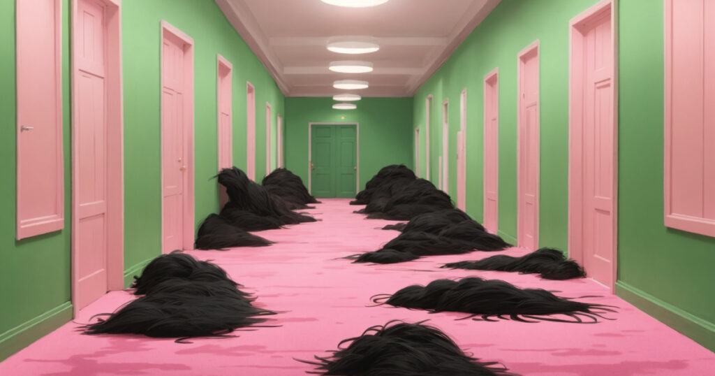 Large piles of hair in a brighly-lit hallway.