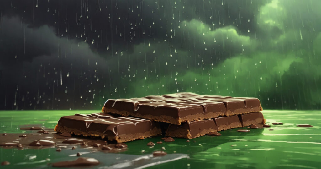 A stack of chocolate bars sit in a green liquid.