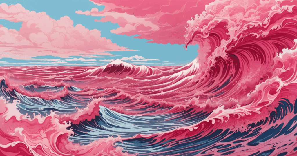 A tall pink wave rises on the ocean.