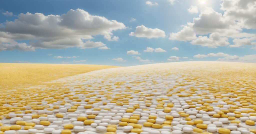 A rolling landscape made entirely of yellow and white pills.