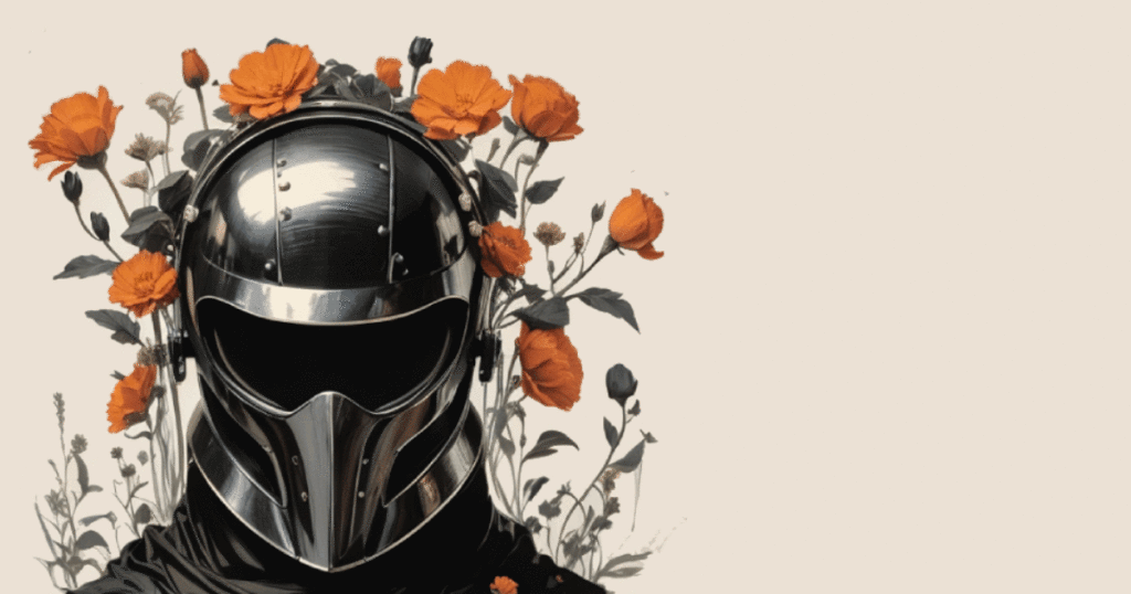 Flowers grow out of a scary black metal helmet.