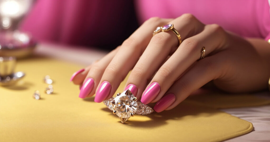 A woman's six-fingered hand sports pink fingernails and jeweled rings.