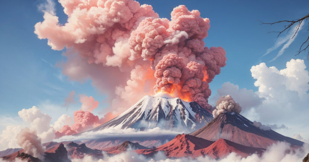 A snow-capped volcano spews lava and ash.
