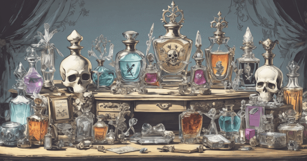 Perfume bottles and skulls on a vanity table.