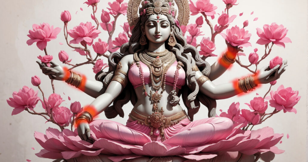 A statue of an Indian goddess with four arms and red wrists and surrounded by flowers.