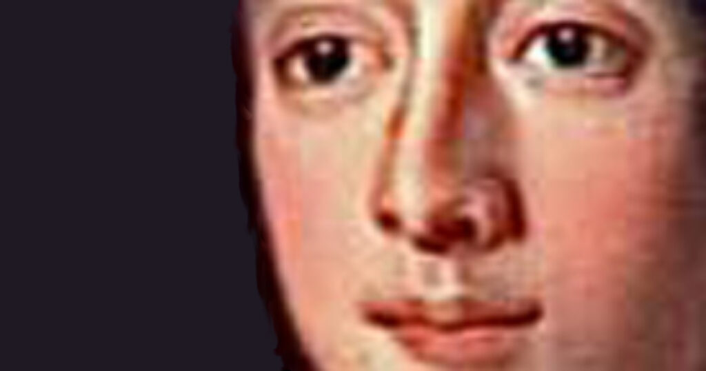 Close-up of painting of a young man's face.
